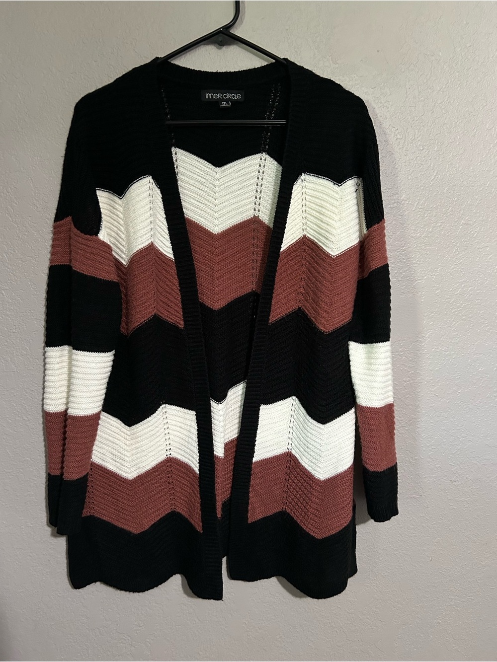Chevron Open-Front Cardigan in Black, White & Rust Brown